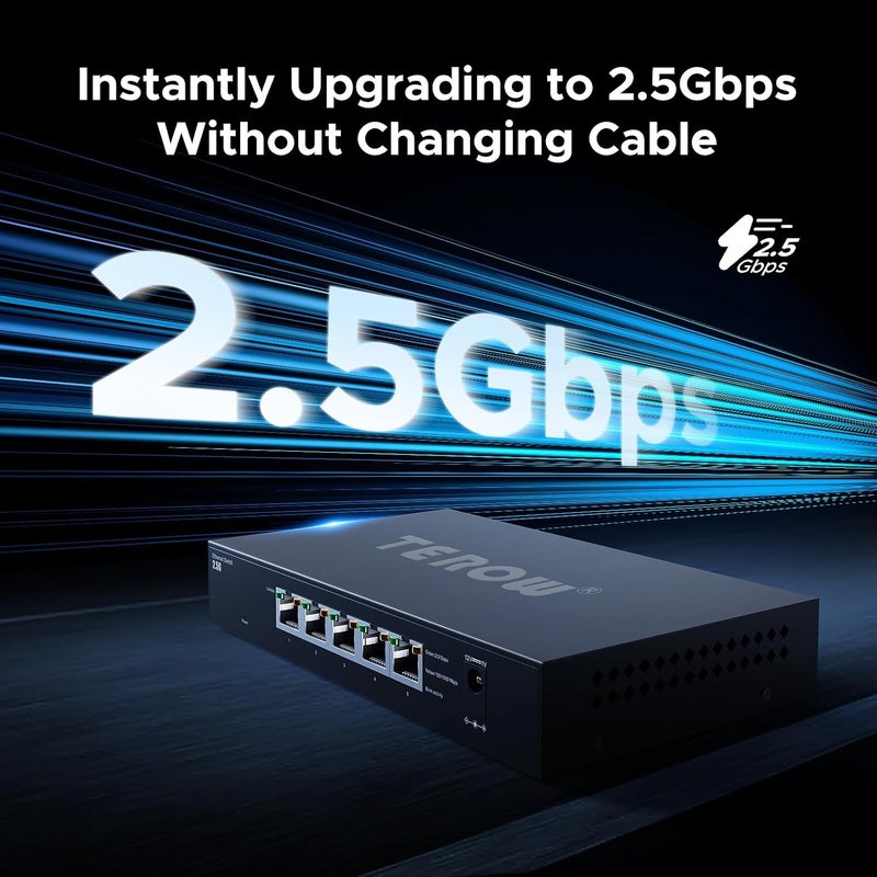 TEROW 5 Port 2.5G Ethernet Switch, 5 x 2.5Gb RJ45 Base-T Ports, Plug & Play/Fanless Metal Design 2.5Gbe Ethernet Unmanaged Network Switches, 5 Port 2.5GB Switch - Image 2